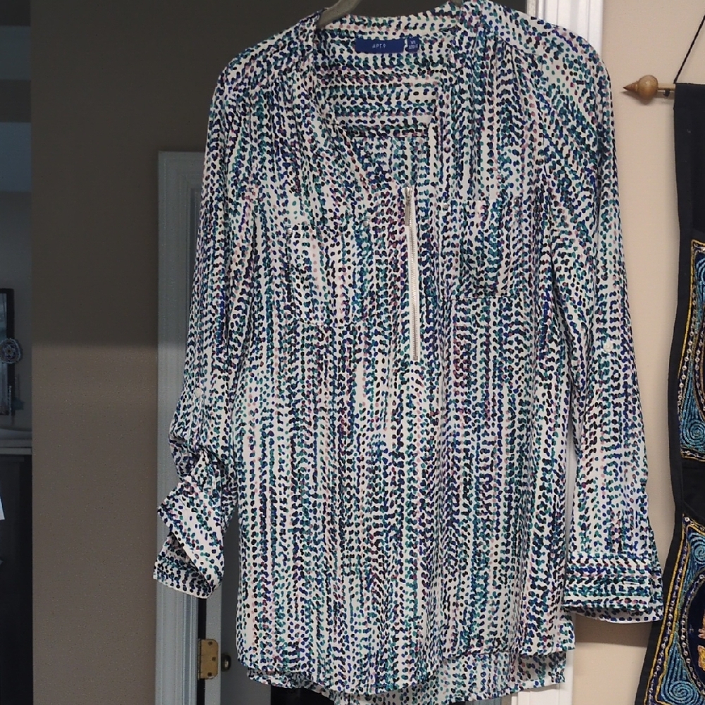 Apt. 9 White Blouse with Teal, Navy & Pink Dot Stripe Print